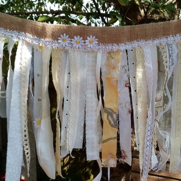 Handmade daisy themed garland / valance / window decor / photo backdrop with lace, tulle, net, broderie anglaise and embroidered fabric