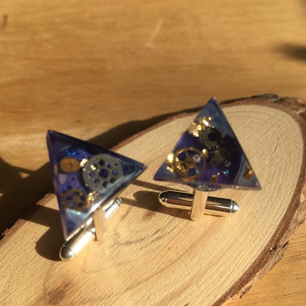 Silver plated watch parts and gold leaf steam punk resin triangular cufflinks