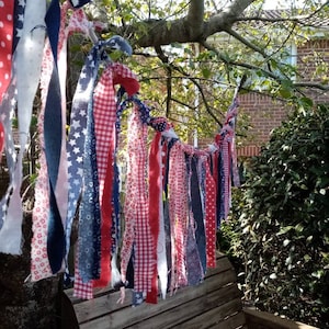 Handmade Thanksgiving garland/valance/window decor/photo backdrop with cotton and denim fabrics including stars stripes and polka dots