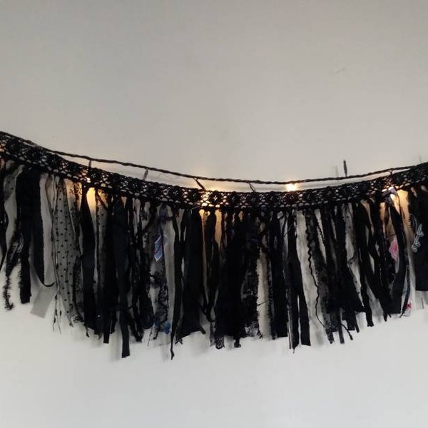 Handmade Halloween garland / valance / window decor with lace, crochet, tulle, netting and embroidered fabric