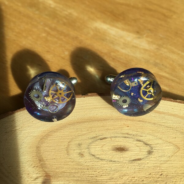 Silver plated watch parts and gold leaf steam punk resin round cufflinks