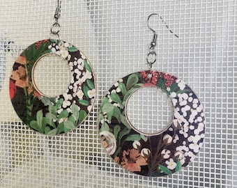 Round Cutout Wooden Floral Dangle Earrings | Stainless Steel | Hypoallergenic | Print on Both Sides | Prints will Vary