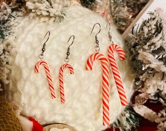 Clay Candy Cane Earrings | Stainless Steel Metal | Christmas Jewelry | Peppermint | Multiple Sizes Available