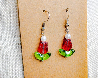 Glass Tulip Earrings | Stainless Steel Metal | Flower | Nature Jewelry