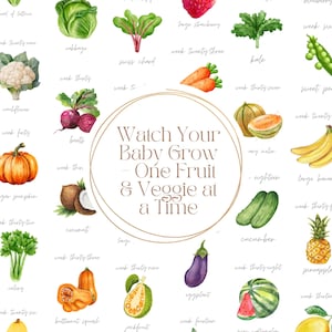 Könnte beinhalten: Aquarellillustration verschiedener Früchte und Gemüse, darunter Kohl, Rüben und ein Kürbis. Der Text "Watch Your Baby Grow - One Fruit & Veggie at a Time" befindet sich in der Mitte, umgeben von einem kreisförmigen Design.