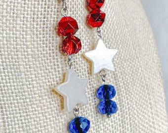 Red, White, & Blue Glass Bead and Star Dangle Earrings | Stainless Steel | Hypoallergenic | Patriotic Jewelry | 4th of July | Memorial Day