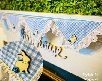 Blue Gingham Bunny Bunting with Cotton Lace Trim | Easter Banner Garland