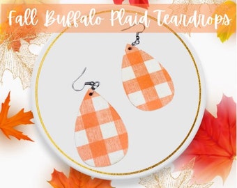 Buffalo Plaid Wooden Teardrop Earrings with Hypoallergenic Stainless Steel Metal | Print on Both Sides | Fall Earrings | Orange or Black