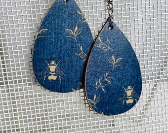 Blue Bee Wooden Dangle Earrings