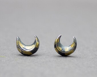 Crescent Moon Stud Earrings Sterling Silver and 22k Gold Stud Earrings Celestial Jewelry