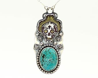 Sugar Skull Necklace, Turquoise Pendant, Turquoise Necklace, Silver Necklace, Day of the Dead Necklace, Gold Necklace, Dia De Los Muertos