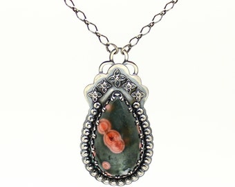 Ocean Jasper Pendant, Gemstone Pendant Necklace, Sterling Silver Pendant, Green Stone Necklace, Artisan Pendant Necklace, JMK Jewelry