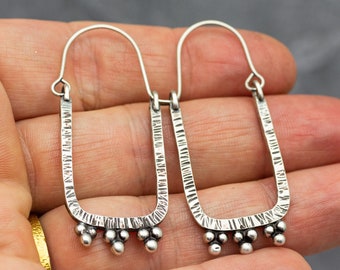 Rectangle Hoop Earrings Sterling Silver Swingy Dangle Drop Earrings with Granulation Great for Everyday