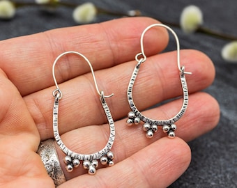 Medium Hoop Earrings Sterling Silver Swingy Dangle Drop Earrings with Granulation Great for Everyday