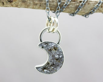 Crescent Moon Necklace Astrology Jewelry Celestial Necklace Druzy Pendant Necklace Sterling Silver Boho Artisan Jewelry