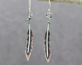 Feather Earrings Mixed Metal Sterling Silver and Copper Dangle Earrings