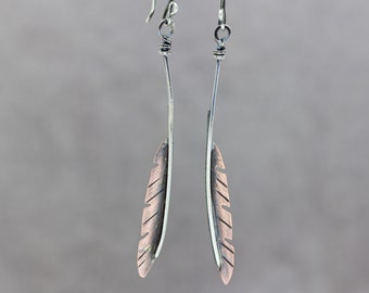 Feather Earrings Mixed Metal Sterling Silver and Copper Dangle Earrings