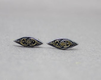 Silver and Gold Flower Marquis Stud Earrings Sterling Silver and 22k Gold