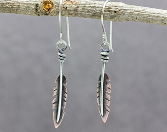 Feather Earrings Mixed Metal Sterling Silver and Copper Dangle Earrings