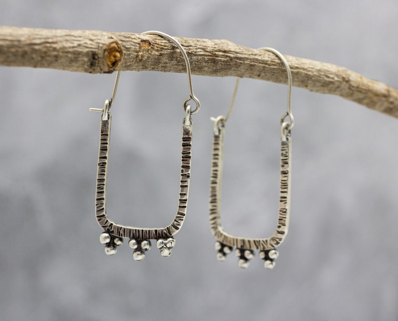 Rectangle Hoop Earrings Sterling Silver Swingy Dangle Drop Earrings with Granulation Great for Everyday image 6