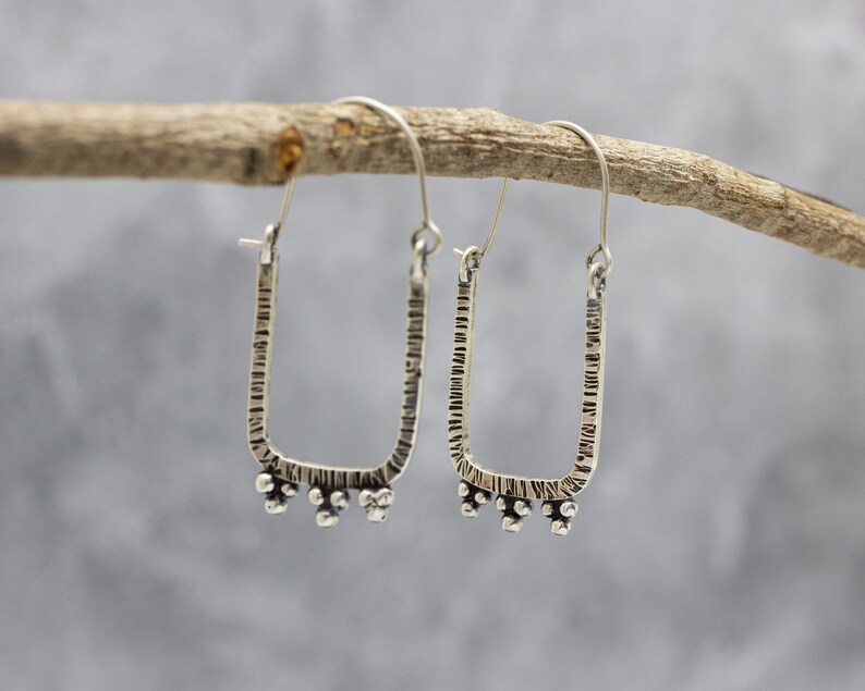 Rectangle Hoop Earrings Sterling Silver Swingy Dangle Drop Earrings with Granulation Great for Everyday image 7