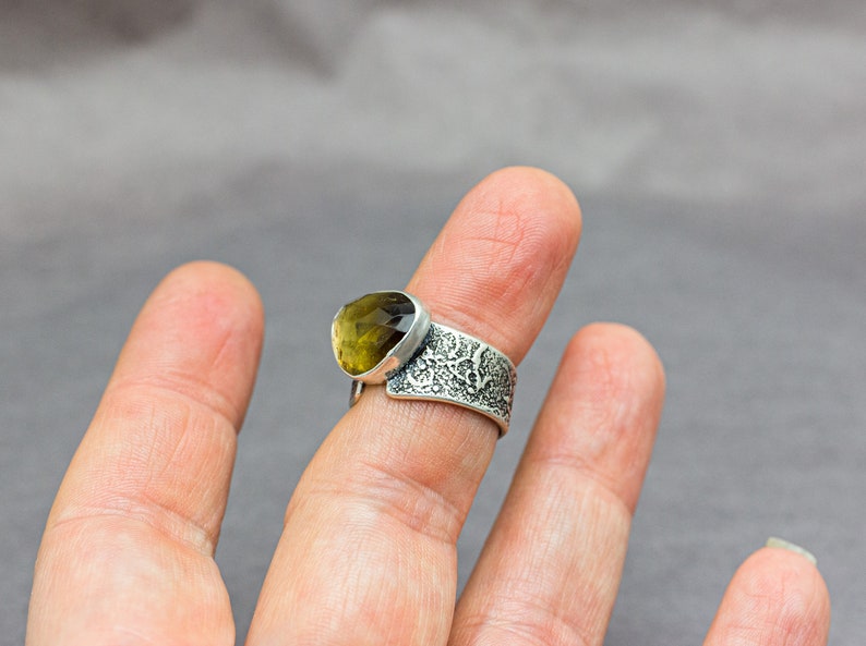 Honey Whisky Tourmaline Ring Sterling Silver Wide Band Statement Solitaire Ring