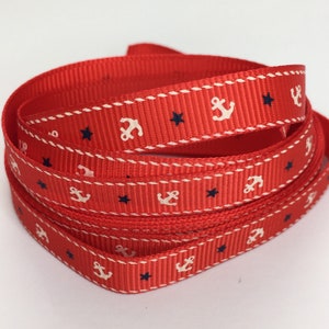 3 Yards 3/8 9mm Anchors Nautical on Red Grosgrain Ribbon image 1