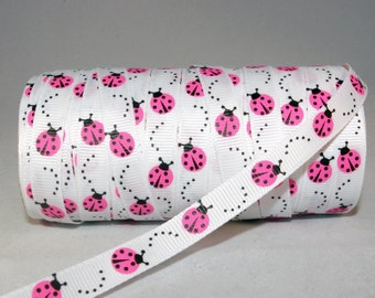 3 Yards 3/8” (9mm) LadyBug Ladybird Ribbon - Pink Ladybirds on White Ribbon