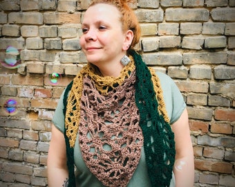 Handmade Shawl, Shoulder Scarf, Hand Crocheted, Triangle Scarf, Crochet Stole, Evening Wrap, Triangular, Lace Wrap, Green brown colors scarf