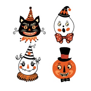 Peut inclure: Quatre illustrations de personnages d'Halloween&nbsp;: un chat noir portant un chapeau de f&ecirc;te, un fant&ocirc;me avec un n&oelig;ud papillon, un bouffon avec une &eacute;toile sur son chapeau et une citrouille avec un chapeau haut de forme et un n&oelig;ud papillon.