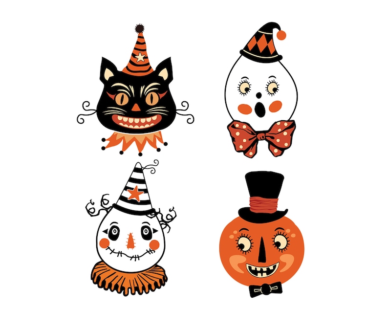 Peut inclure: Quatre illustrations de personnages d'Halloween&nbsp;: un chat noir portant un chapeau de f&ecirc;te, un fant&ocirc;me avec un n&oelig;ud papillon, un bouffon avec une &eacute;toile sur son chapeau et une citrouille avec un chapeau haut de forme et un n&oelig;ud papillon.