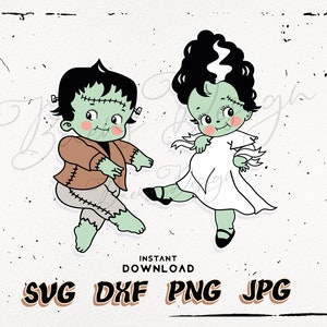 May include: A digital illustration of a green Frankenstein's monster and a green Bride of Frankenstein dancing. The monster is wearing a brown jacket and trousers. The bride is wearing a white dress. The background is white with a distressed texture.