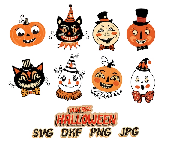 Vintage Halloween Clipart: Pumpkin, Cat, Ghost SVG PNG JPG