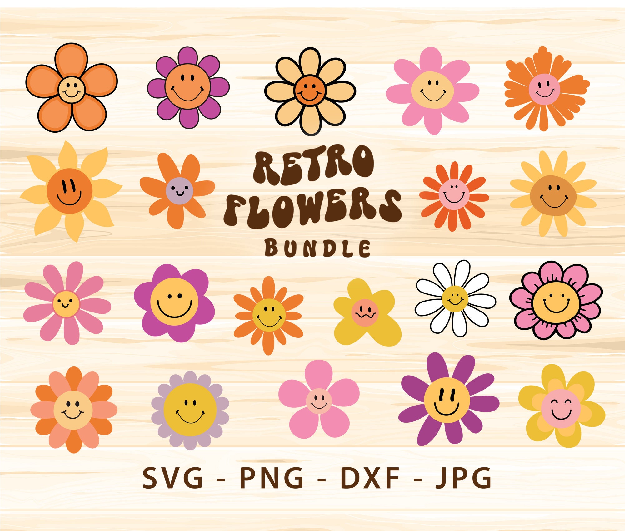 Groovy Smiley Flower Bundle  | Retro Flower SVG  | Hippie svg | Happy Face svg | Boho clipart | Cricut | sublimation