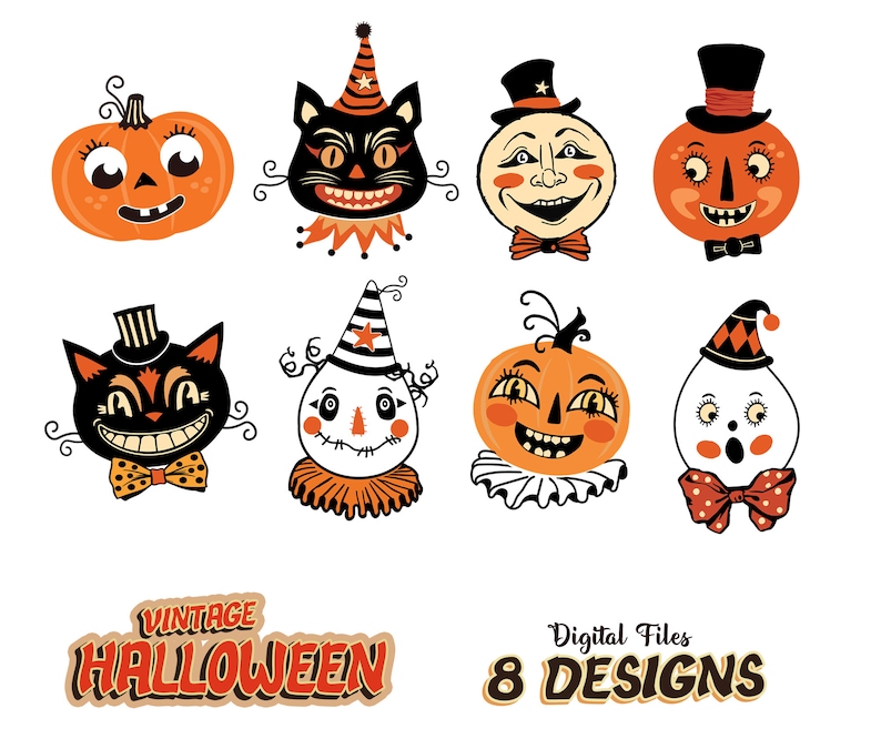 Peut inclure: Huit illustrations vintage d'Halloween repr&eacute;sentant un chat noir, une citrouille, un fant&ocirc;me et un clown. Les illustrations sont dans un style r&eacute;tro avec des couleurs vives et des formes simples.