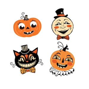 Peut inclure: Quatre illustrations d'Halloween vintage repr&eacute;sentant un chat noir avec un chapeau haut de forme et un n&oelig;ud papillon, une citrouille avec un sourire narquois, une citrouille avec un large sourire et des joues roses, et un visage de lune avec un n&oelig;ud papillon.