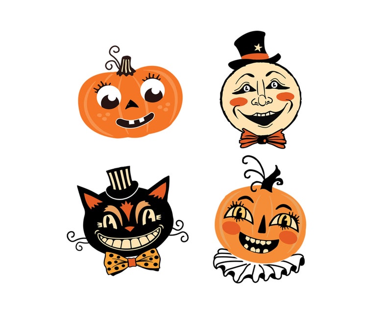 Peut inclure: Quatre illustrations d'Halloween vintage repr&eacute;sentant un chat noir avec un chapeau haut de forme et un n&oelig;ud papillon, une citrouille avec un sourire narquois, une citrouille avec un large sourire et des joues roses, et un visage de lune avec un n&oelig;ud papillon.
