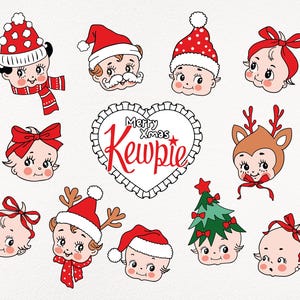 Carino Babbo Natale faccia SVG PNG, pacchetto di Natale, kewpie di Natale, facce di bambini di Natale, Natale Vintage Svg, clipart di Natale