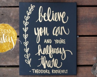 Inspirational Art Canvas Painting Wall Decor Black & Gold Wall Art Inspiring Quote Wall Hanging Believe You Can Dorm Decor Canvas Wall Art