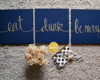 Navy Gold Dining Room Wall Art Signs | Eat Drink Be Merry Wall Decor Canvas | Kitchen Canvas Wall Art Signs Navy Blue