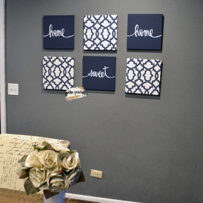 Navy Blue Living Room Wall Art Set Home Sweet Home Dining Etsy