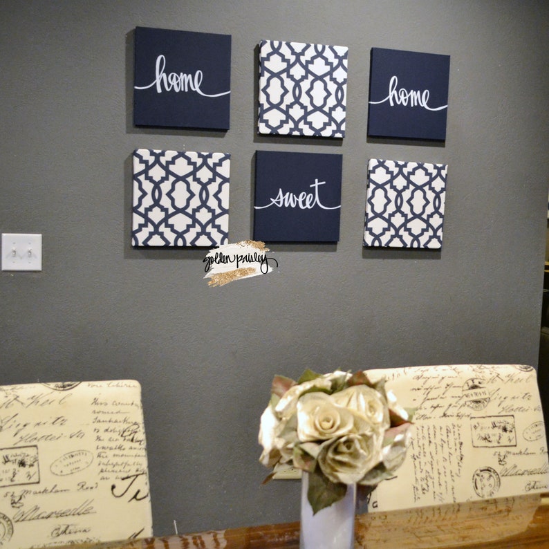 Navy Blue Living Room Wall Art Set Home Sweet Home Dining Etsy