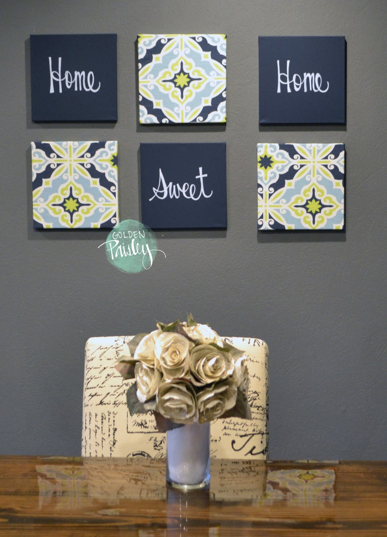 Navy Blue Living Room Wall Art Set Home Sweet Home Dining Etsy