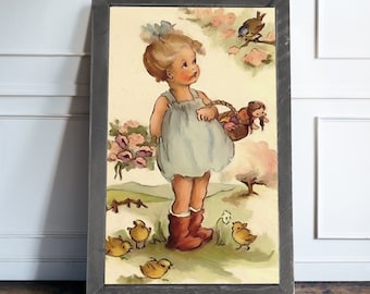 Spring Girl Feeding The Birds: [Framed Print] Young girl painting that fits perfect with any vintage home decor.