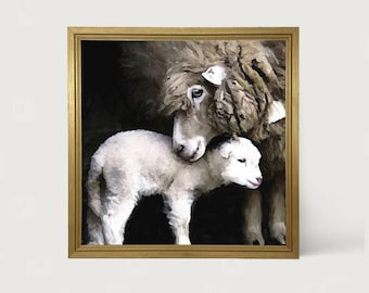 New Born Sheep: [Framed Print] Barnwood Sheep Painting, Farmhouse Nursery Art Decor