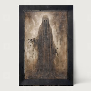 May include: A framed artwork depicts a spectral figure draped in a dark, flowing shroud. The figure has a featureless face with two dark eye sockets and outstretched, claw-like hands. The artwork is in shades of brown and gray.
