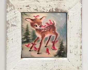 cute little reindeer vintage Christmas painting | retro Christmas print of a reindeer in the forest