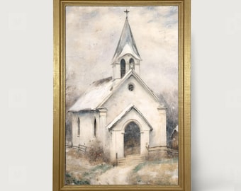 Rustic White Church with Fence [Vertical Framed Print] Country church painting, Rustic church scene