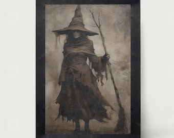 May include: A framed wall art print featuring a dark, monochromatic illustration of a figure wearing a tattered cloak and a pointed hat, holding a long, gnarled wooden staff. The artwork is encased in a simple, solid black rectangular wooden frame.