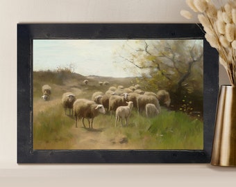 Grazing Sheep: [Framed Print] Stunning sheep, nursery art, add calmness to any room with this print of a painting of sheep!